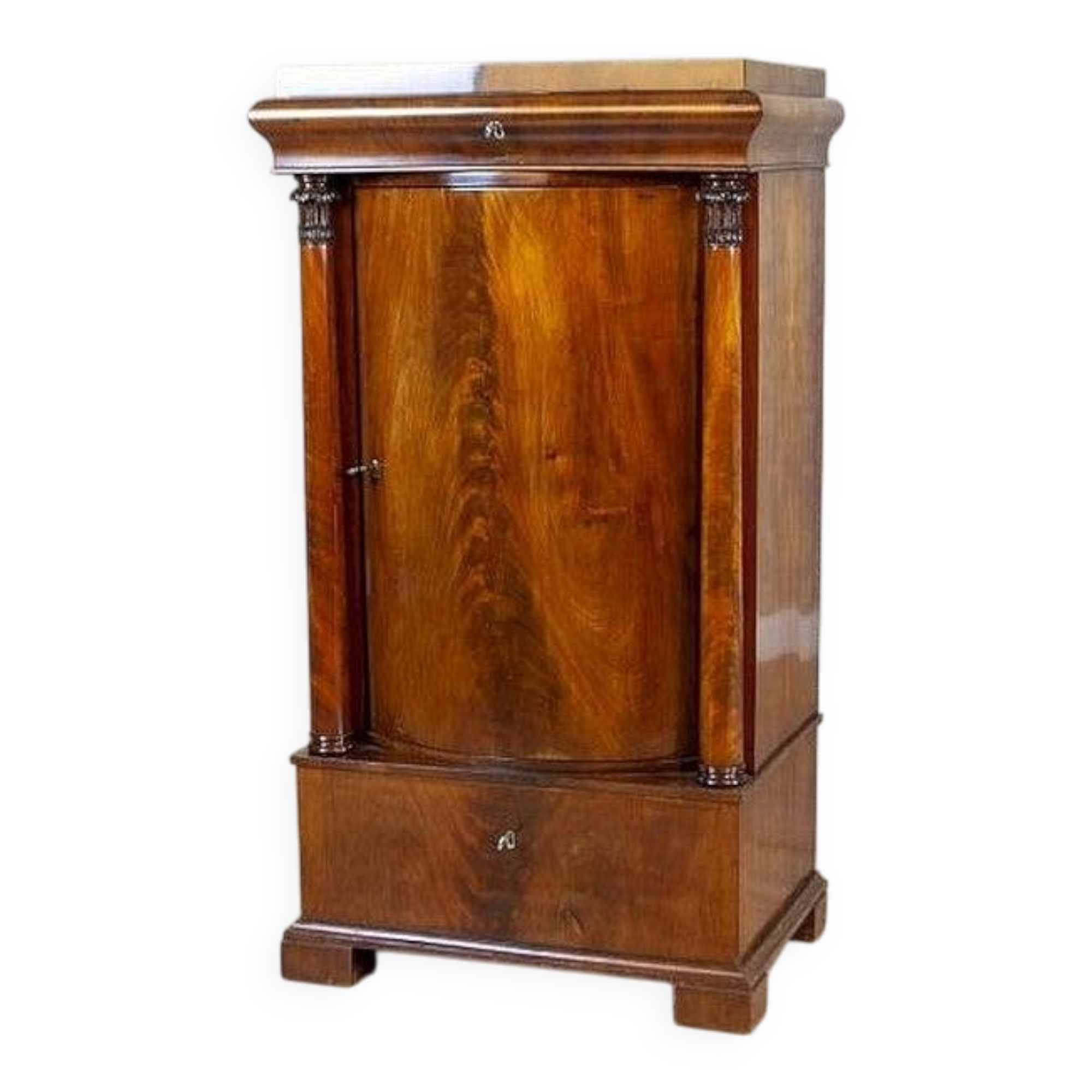 19th-Century Biedermeier Mahogany Wood and Veneer Linen Press