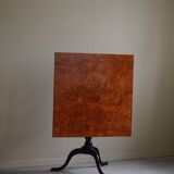 Antique handcrafted square table with drop leaves made of burl wood, Swedish, 19th century.