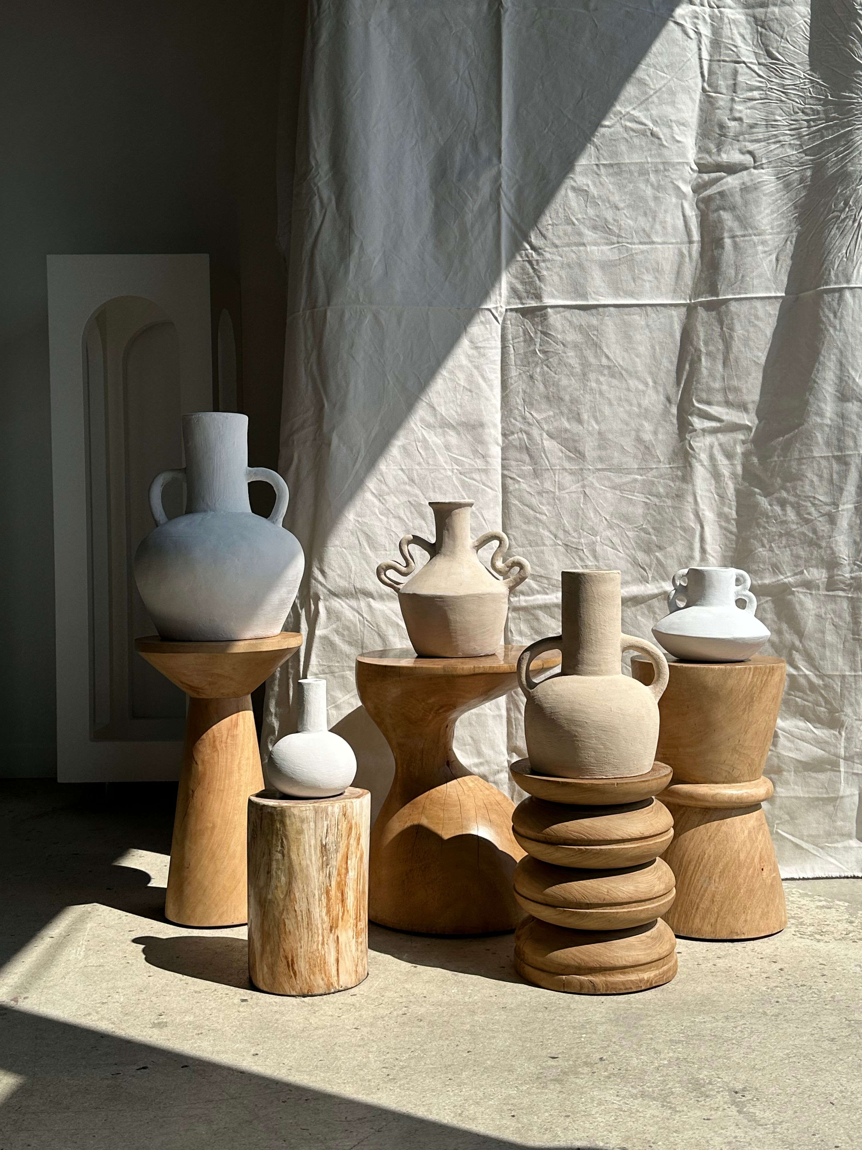 Handmade terracotta vase painted white with double handles H:16 D:20