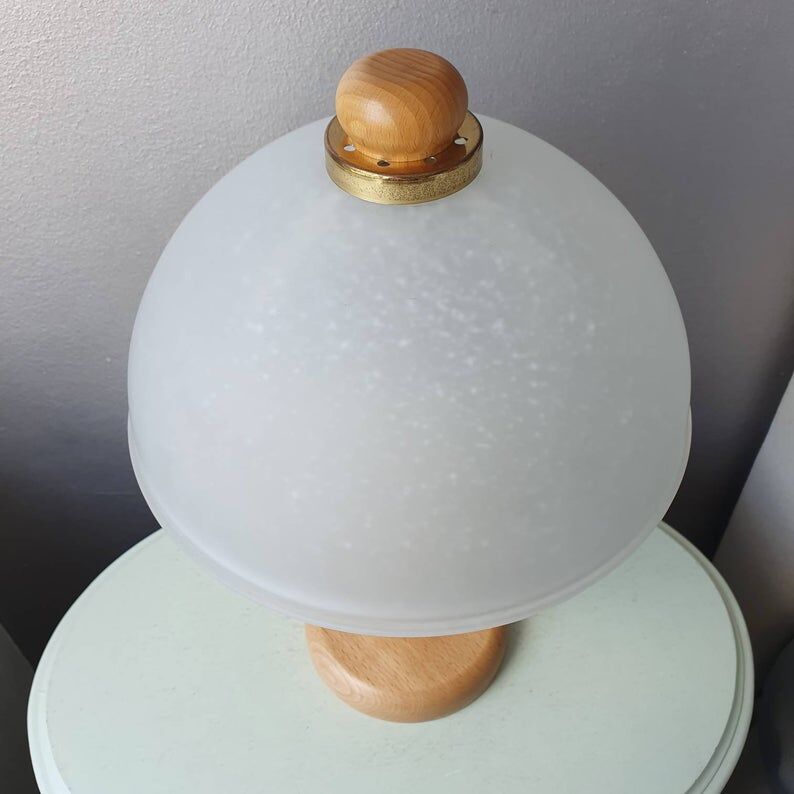 Vintage wooden table lamp with 1980 glass lampshade