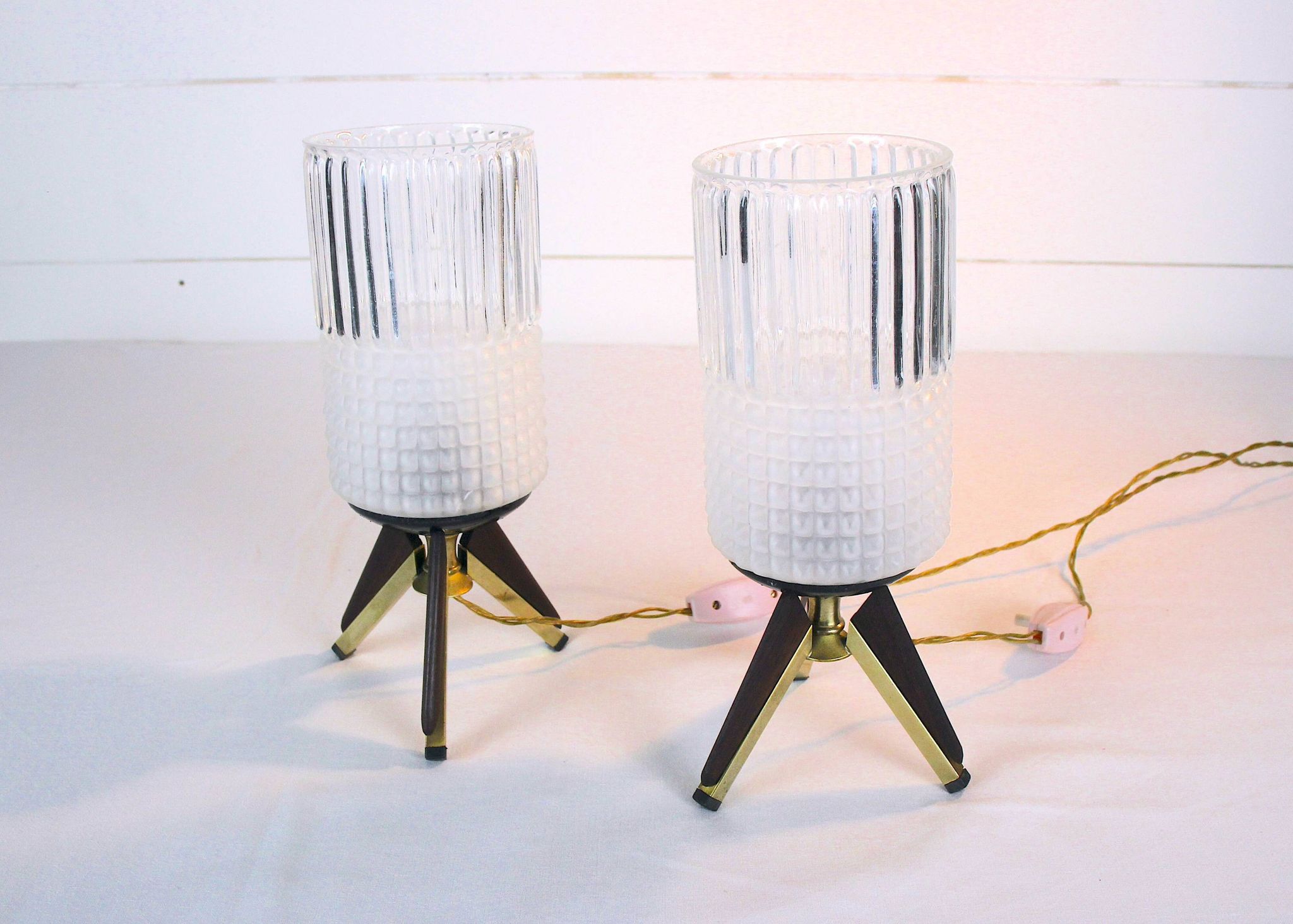 Pair of bedside lamps, Brass, Teak, Venetian glass, Italy, 1950