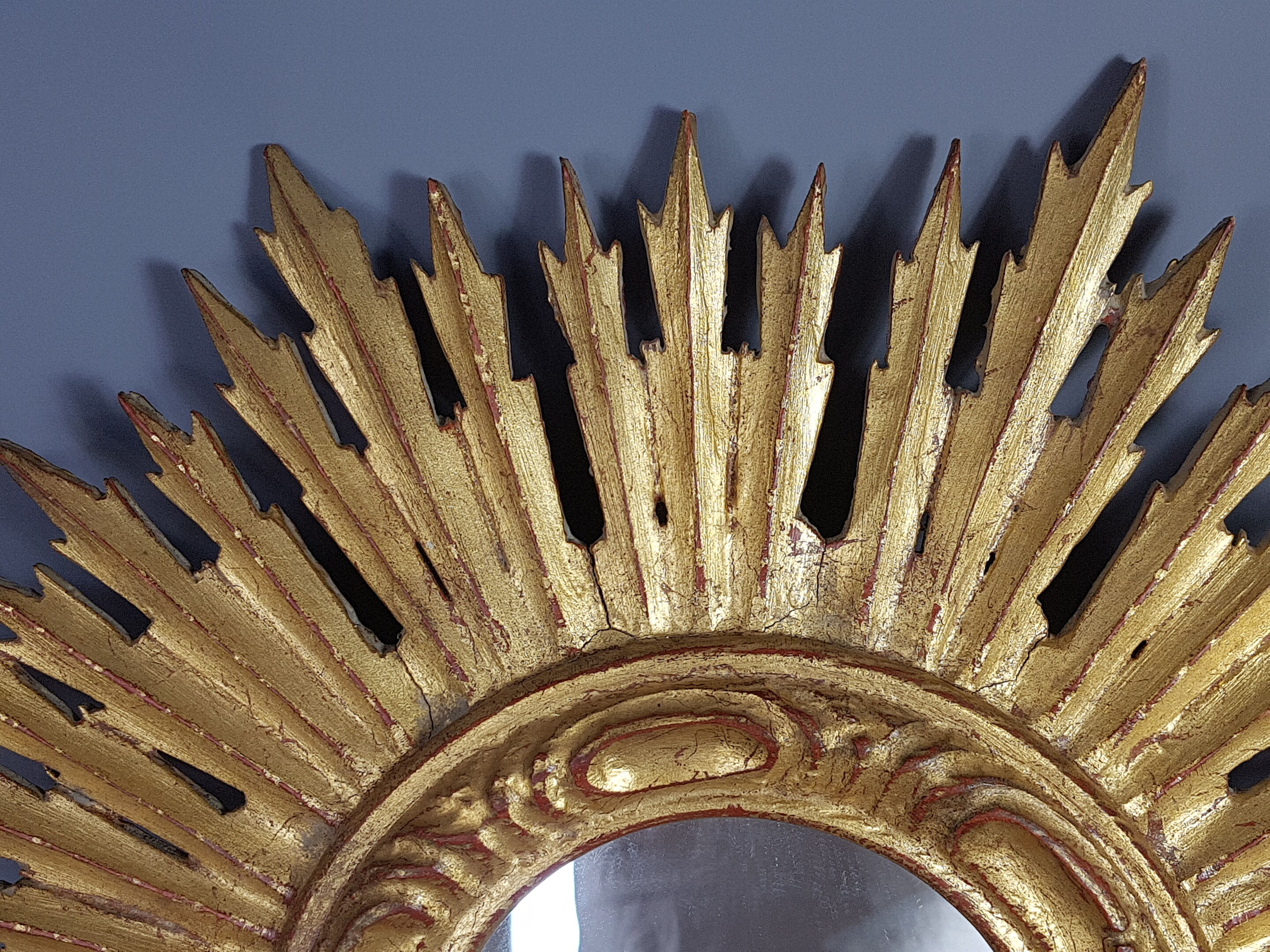 Sun mirror gilded with gold leaf Vintage 50s 42cm