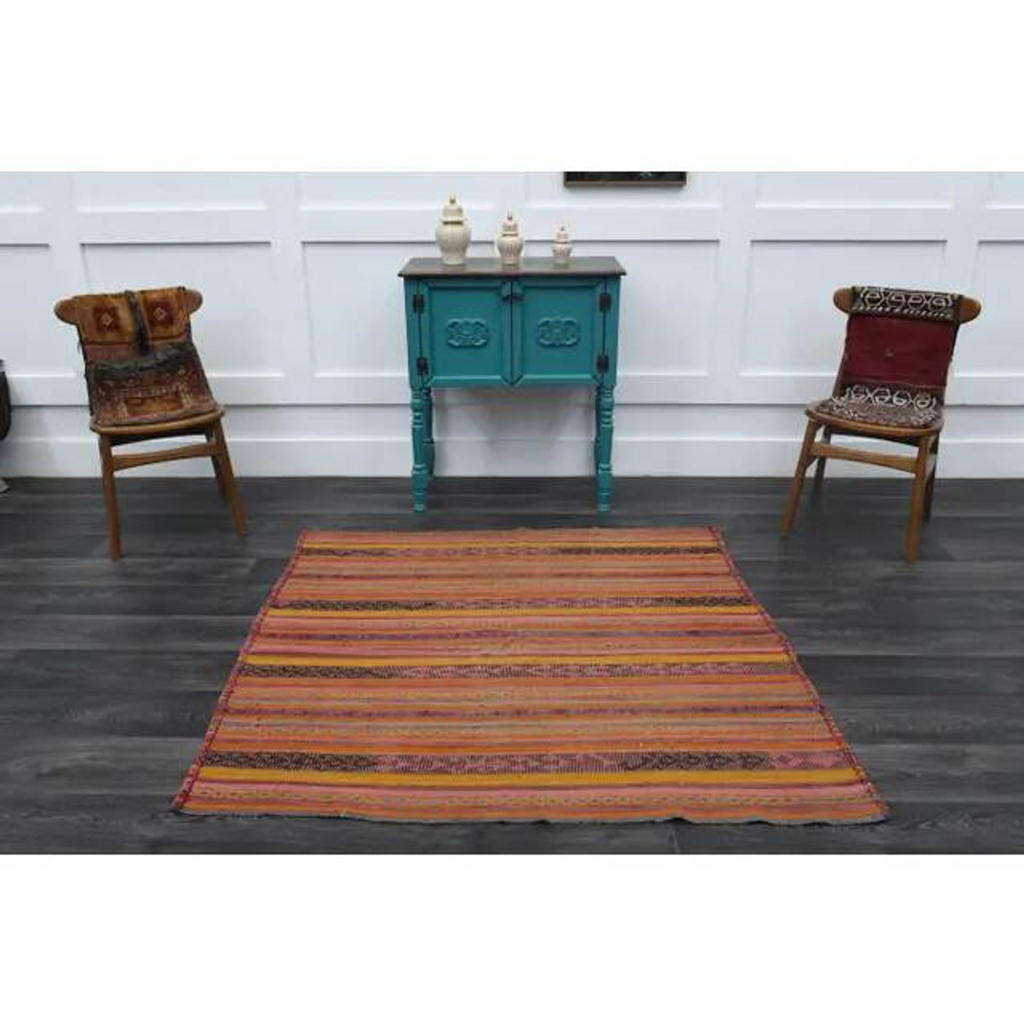 Vintage Turkish Hand-Knotted Wool Cotton Orange Kilim Area Rug 151x153