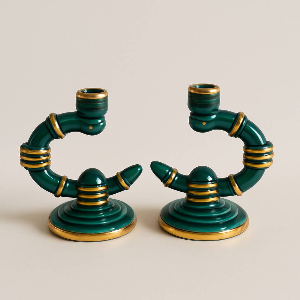 Pair of green and gold ceramic candlesticks