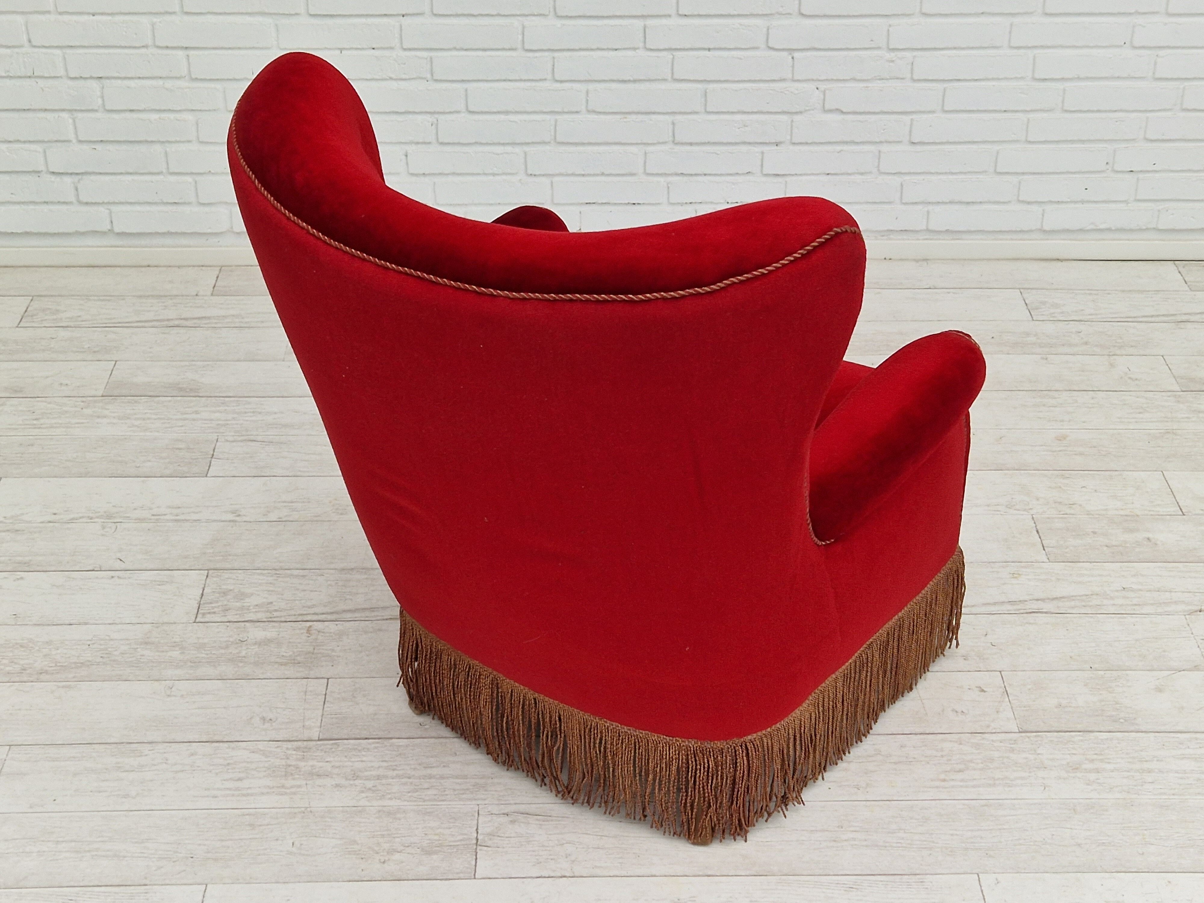1960s, danish high back vintage armchair in cherry-red velour