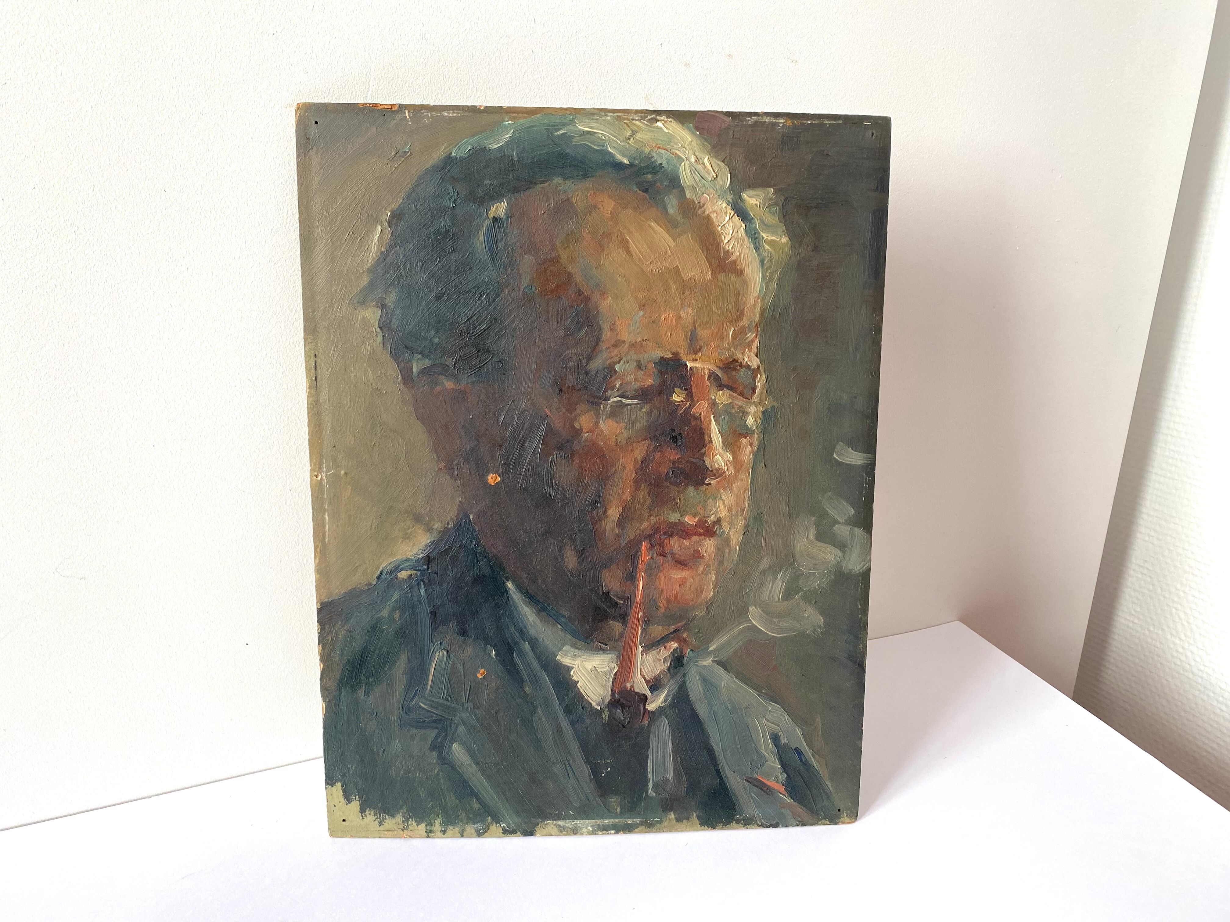 Huile sur carton d’un homme XXème siècle