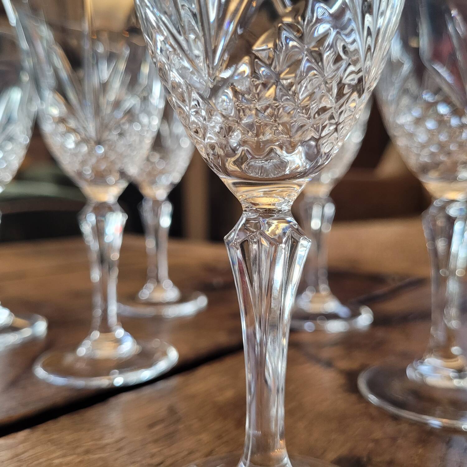Set of 8 cut crystal glasses, hexagonal stem – 1950s