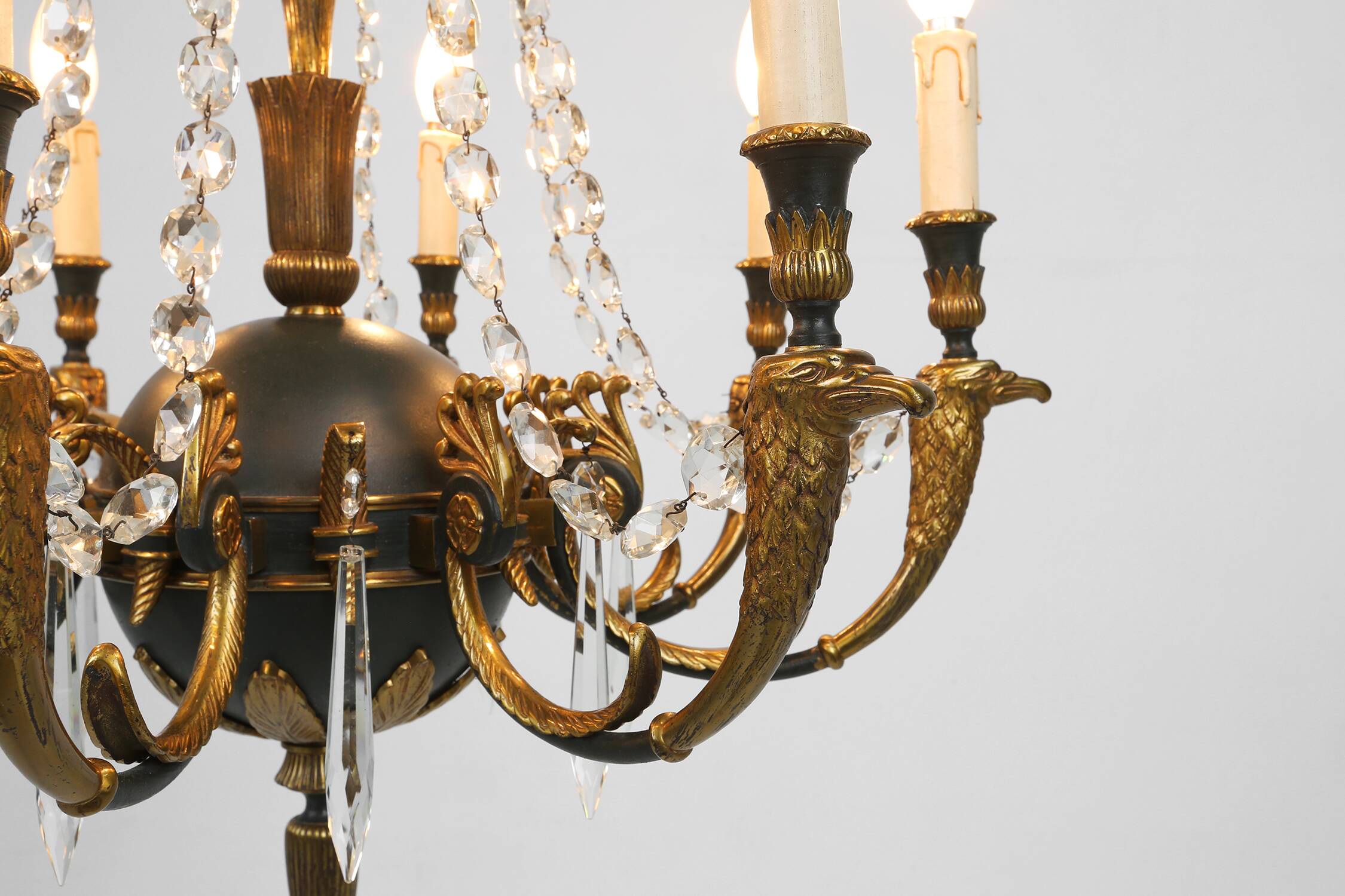 Impressive set of a large bronze Empire Chandelier with 2 wall lights, Belgium ca. 1950