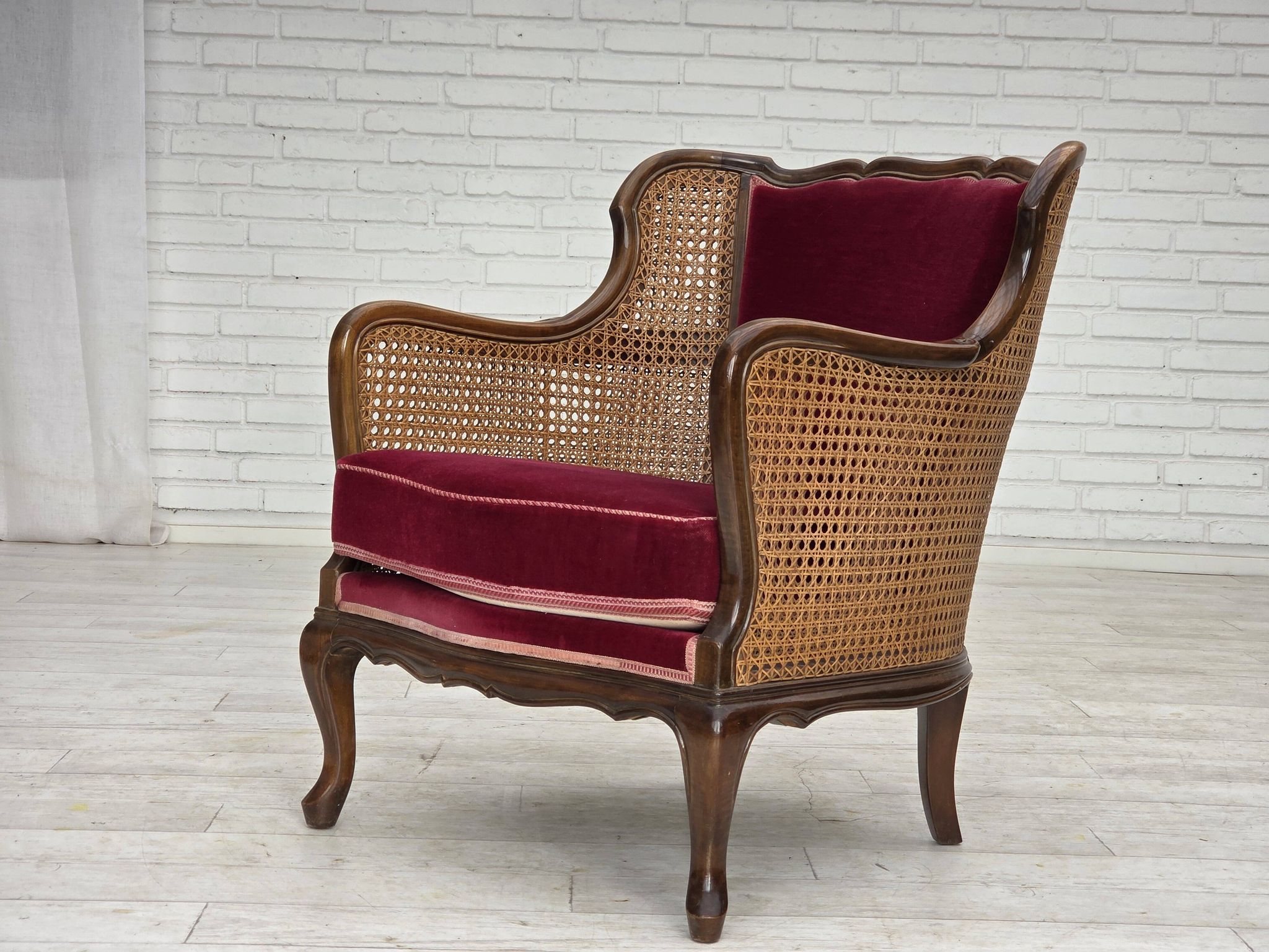 1950s, Danish armchair, furniture velour, ash wood,, mesh.