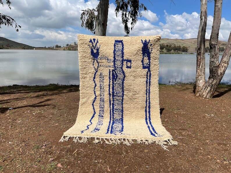 Authentic handmade Azilal Berber rug in blue and white, 2/3 m.