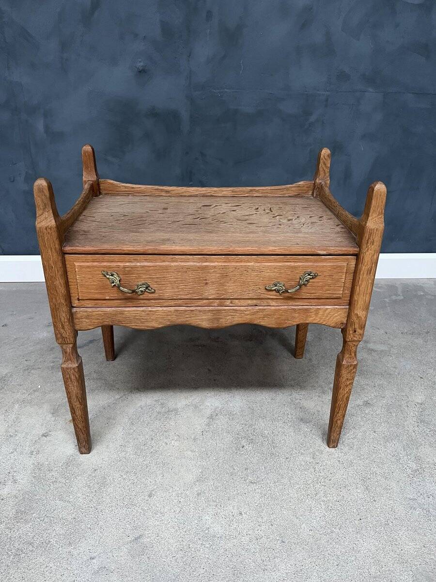 Vintage Oak Bedside Table with Brass Handle by Henning Kjærnulf, 1950s