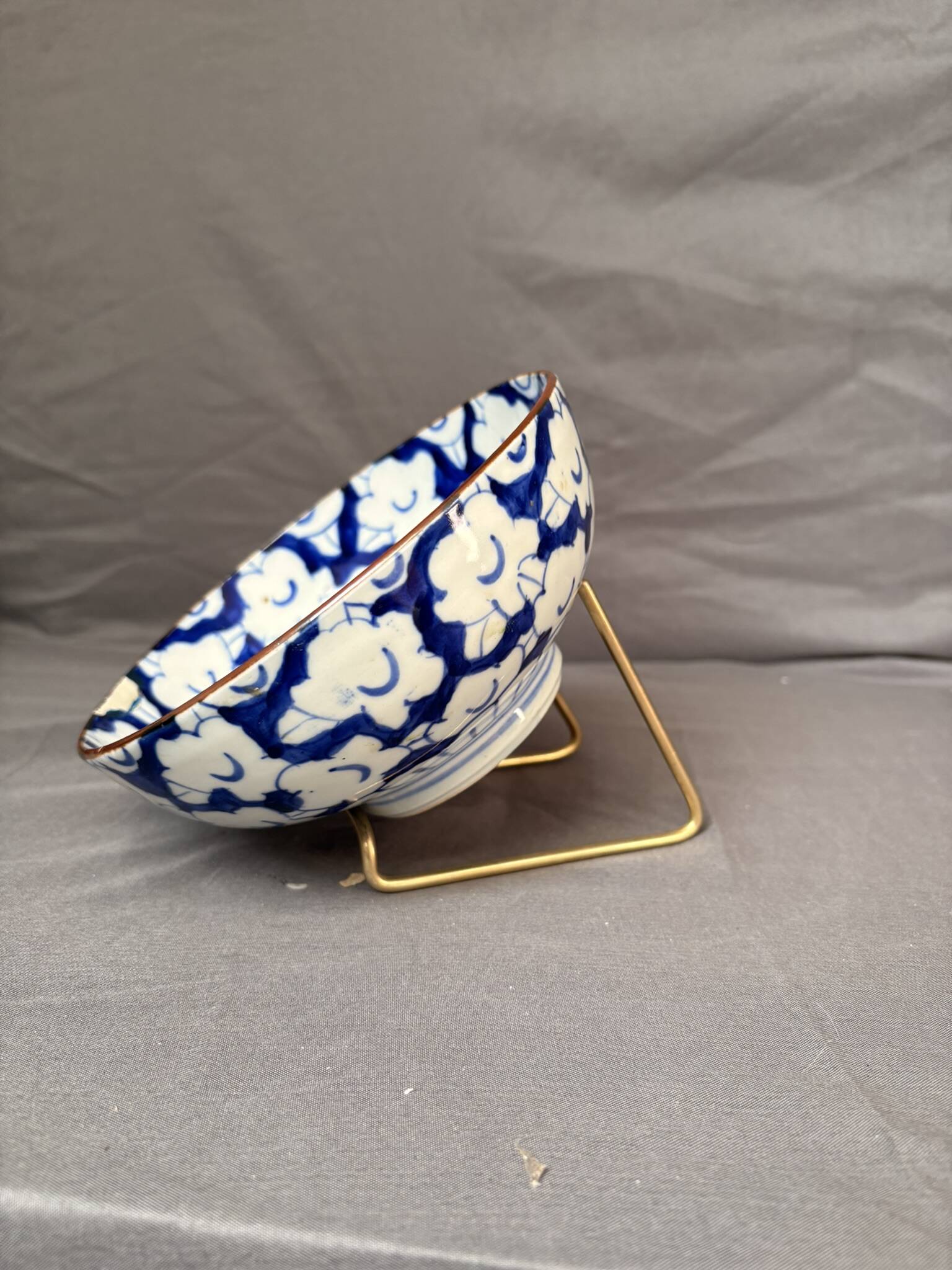 Antique Japanese Ceramic Bowl Cherry Blossom Floral Blue 19th Century