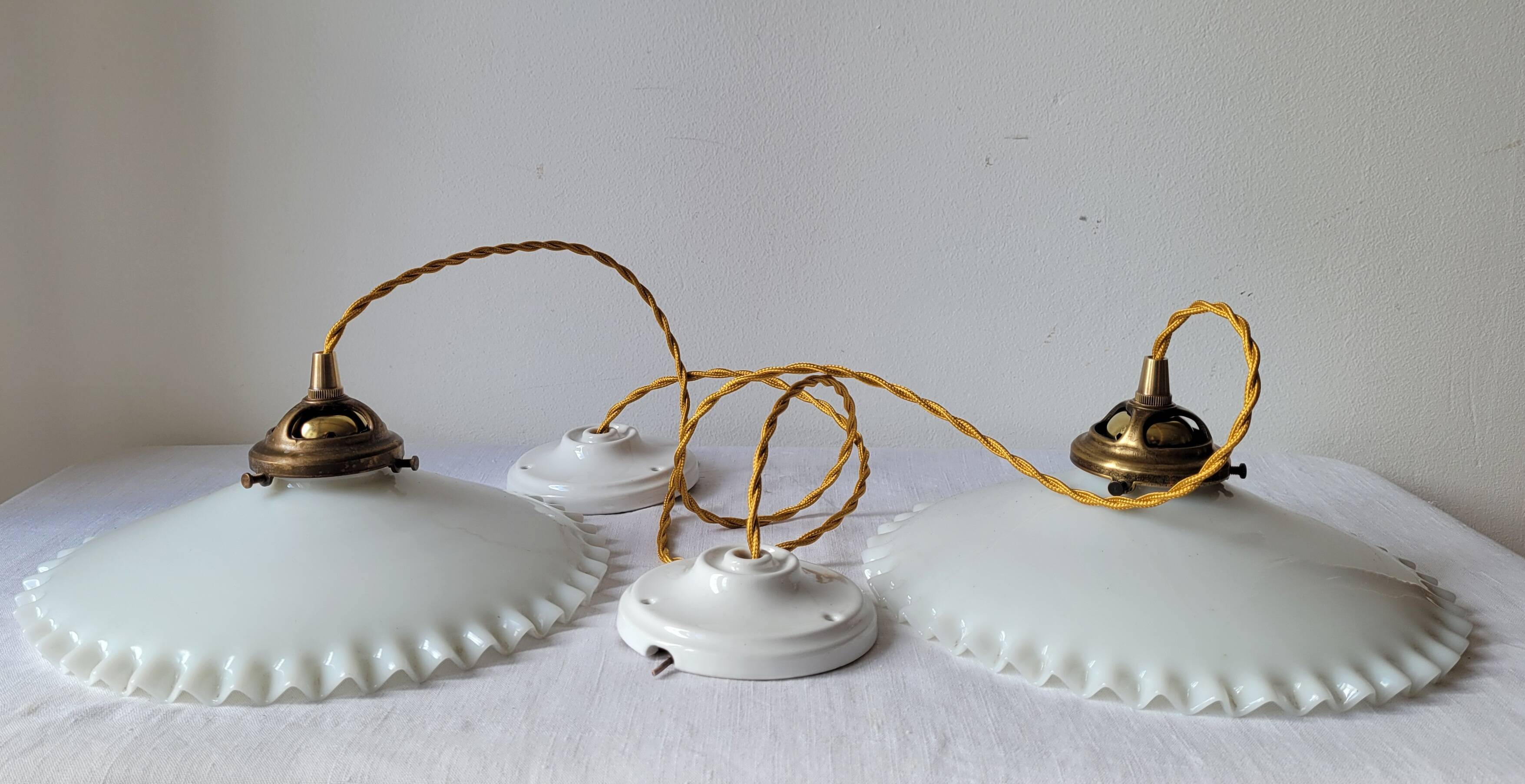 Duo of white opaline pendant lights