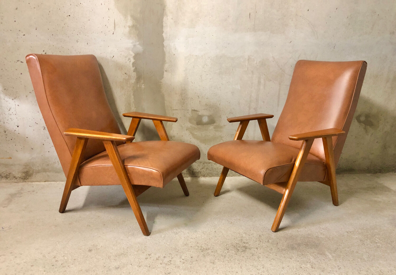 Pair of armchairs Scandinavian design feet compass vintage period 1960s