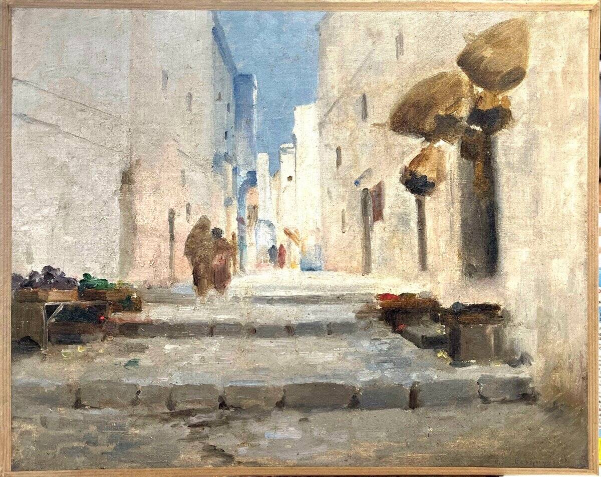 Vintage Orientalist painting – alley in the Maghreb – oil on canvas signed E