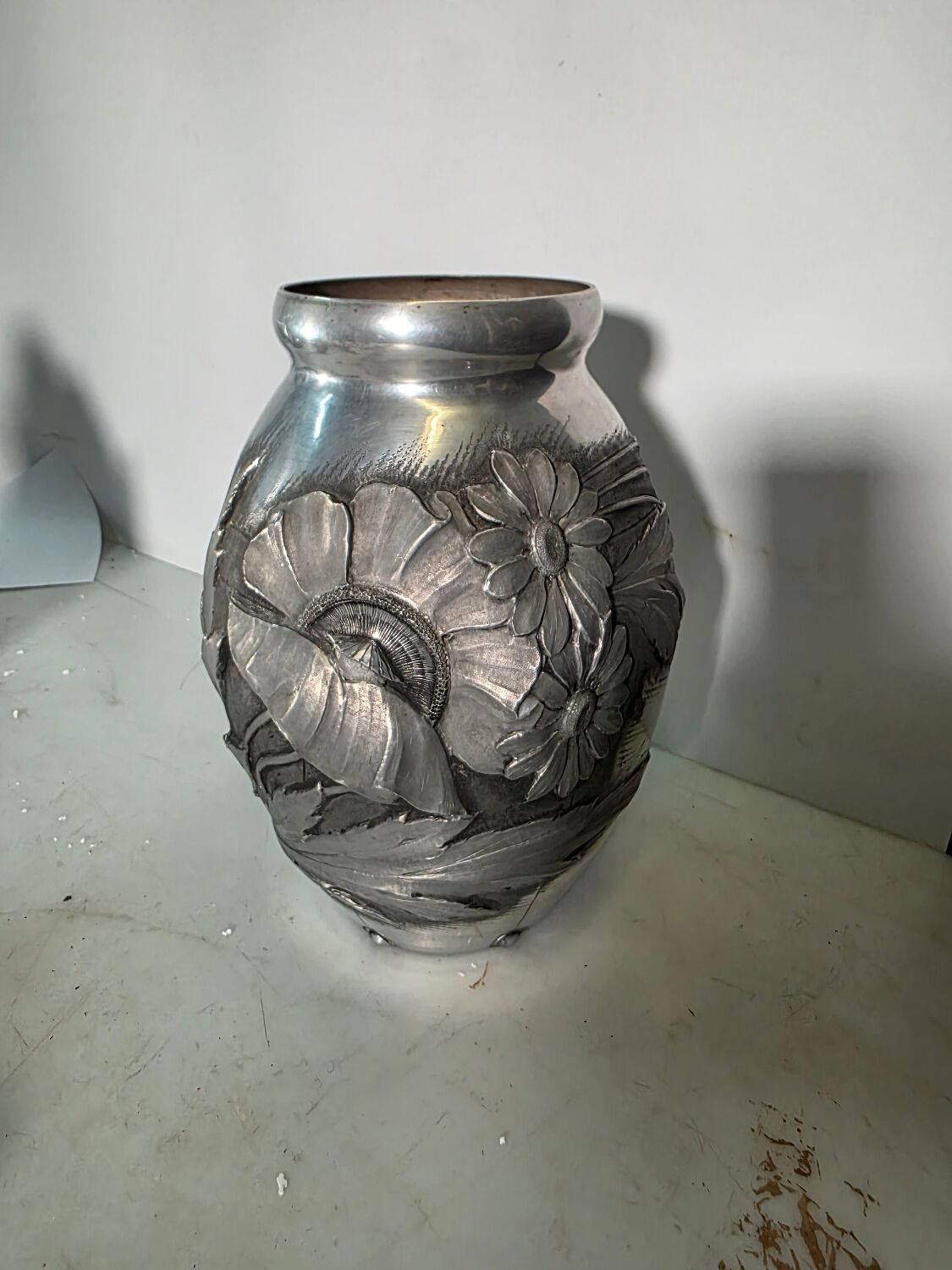 Art Deco vase in repoussé tin Signed Houzeaux Floral decoration 30 cm