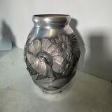 Art Deco vase in repoussé tin Signed Houzeaux Floral decoration 30 cm