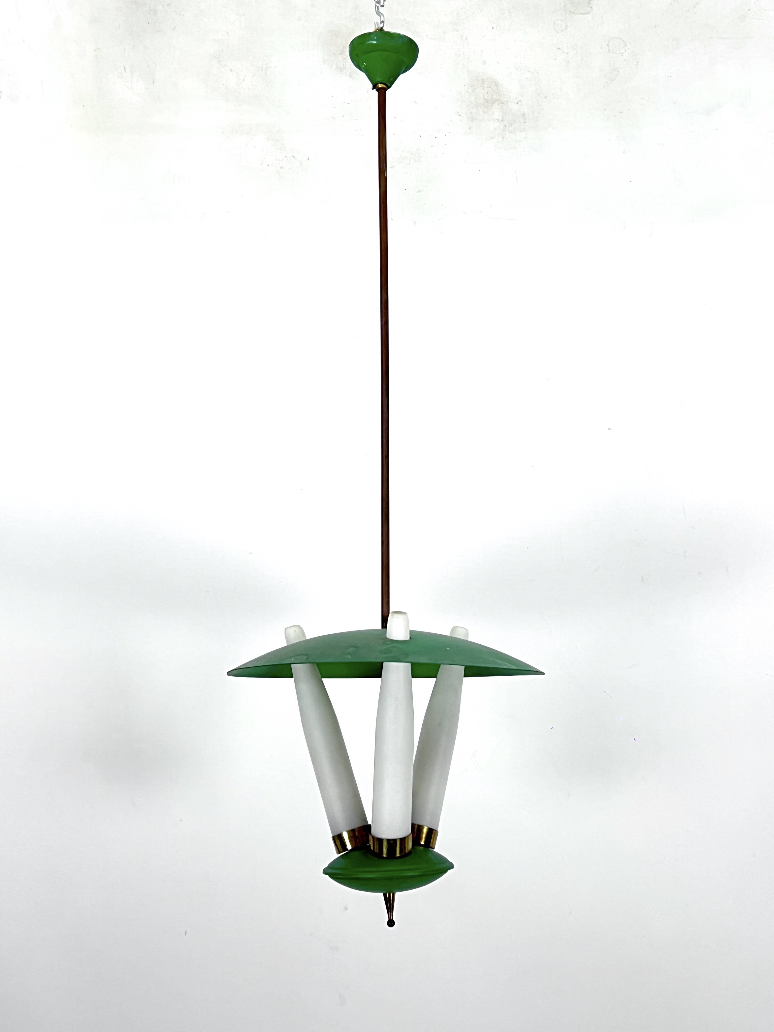 Mid-Century green three opaline glasses lantern. Italy 1950s