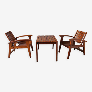 Ensemble table et fauteuils vintage en bois 1950