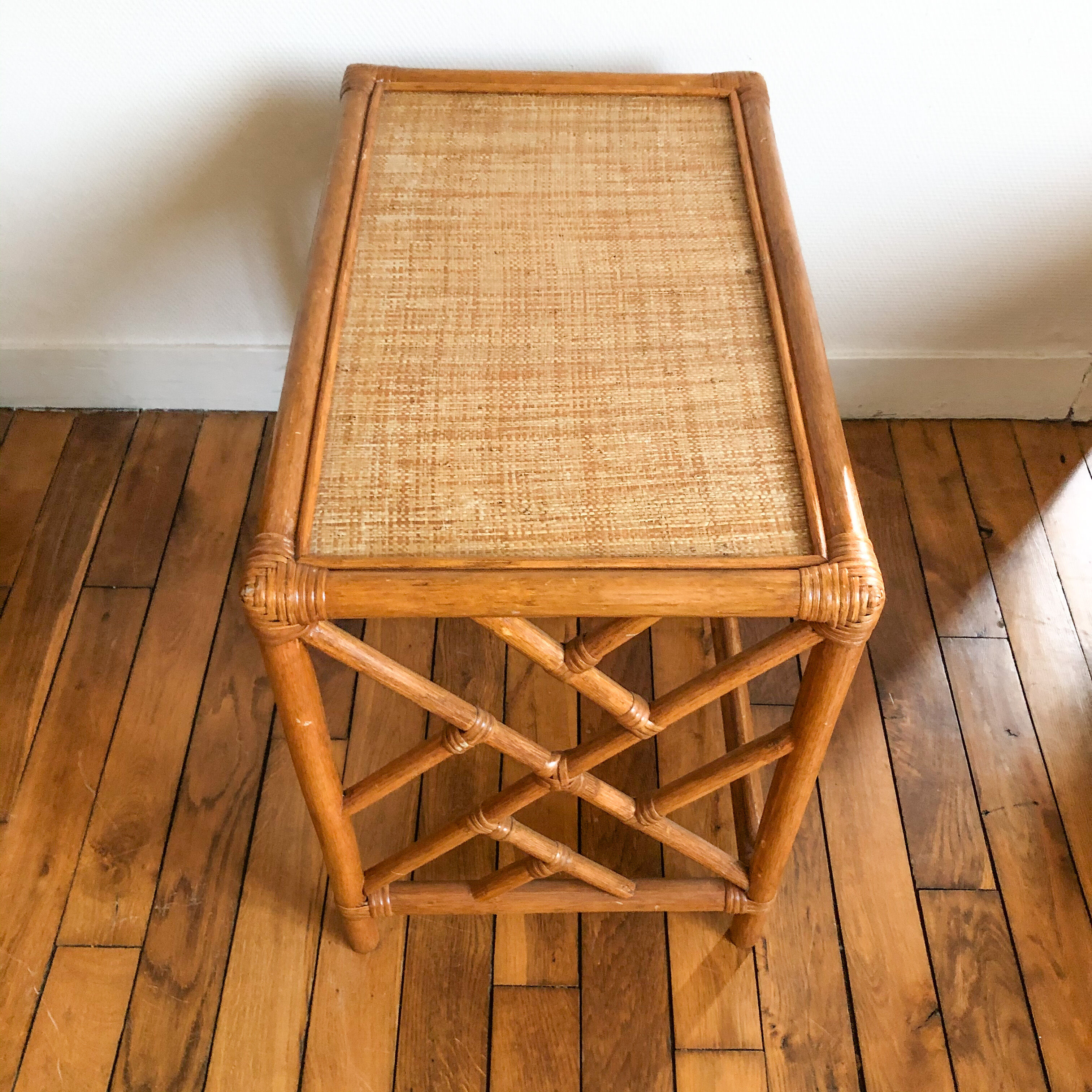 Honey-coloured rattan side table