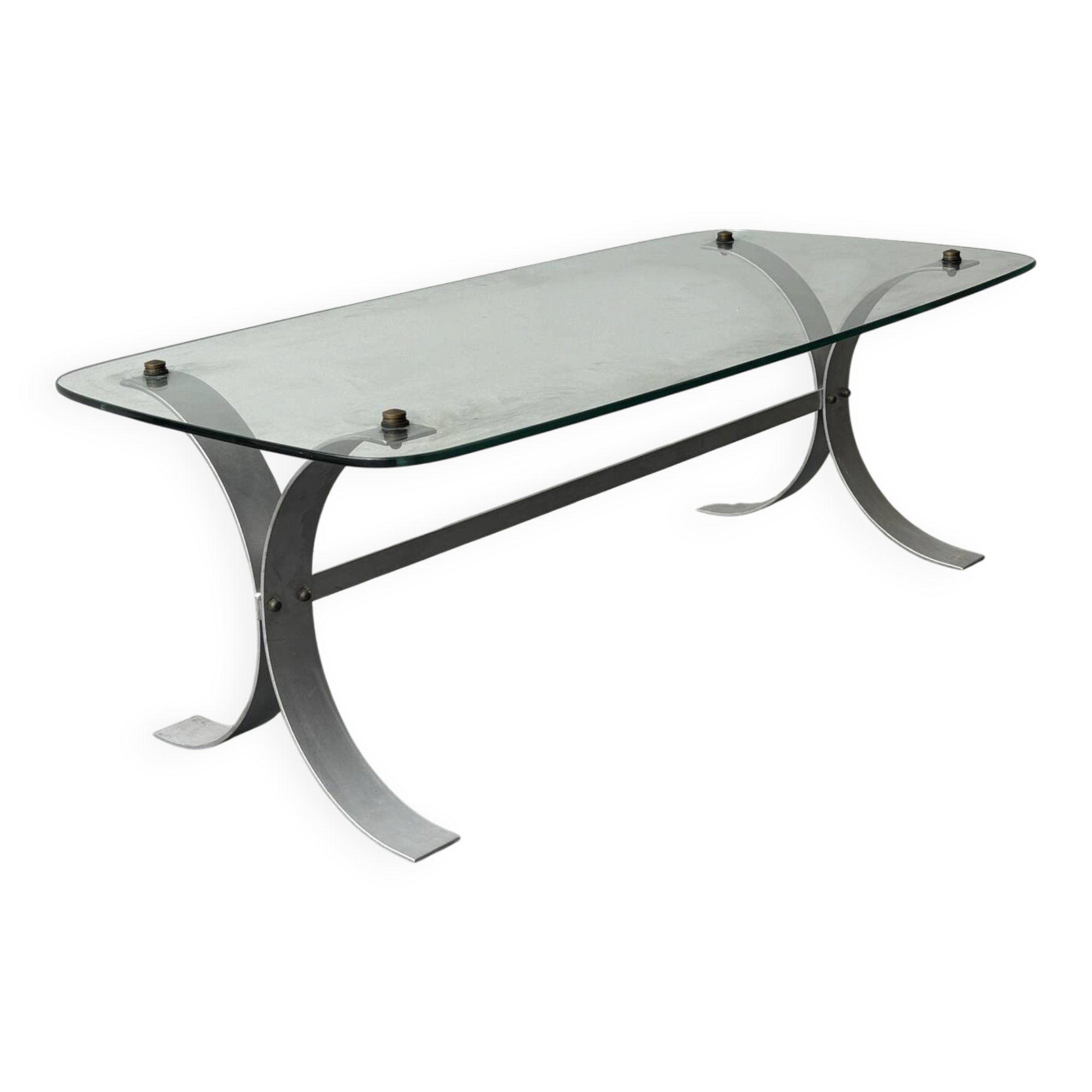 Design coffee table in brushed metal with a glass top, 1970s.