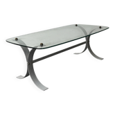 Design coffee table in brushed metal with a glass top, 1970s.