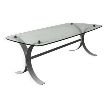 Design coffee table in brushed metal with a glass top, 1970s.