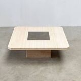 George Mathias square travertine and brass coffee table