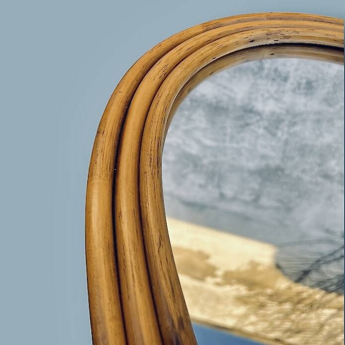 Large oval wall mirror in bamboo – bohemian chic style – 1960s–1970s