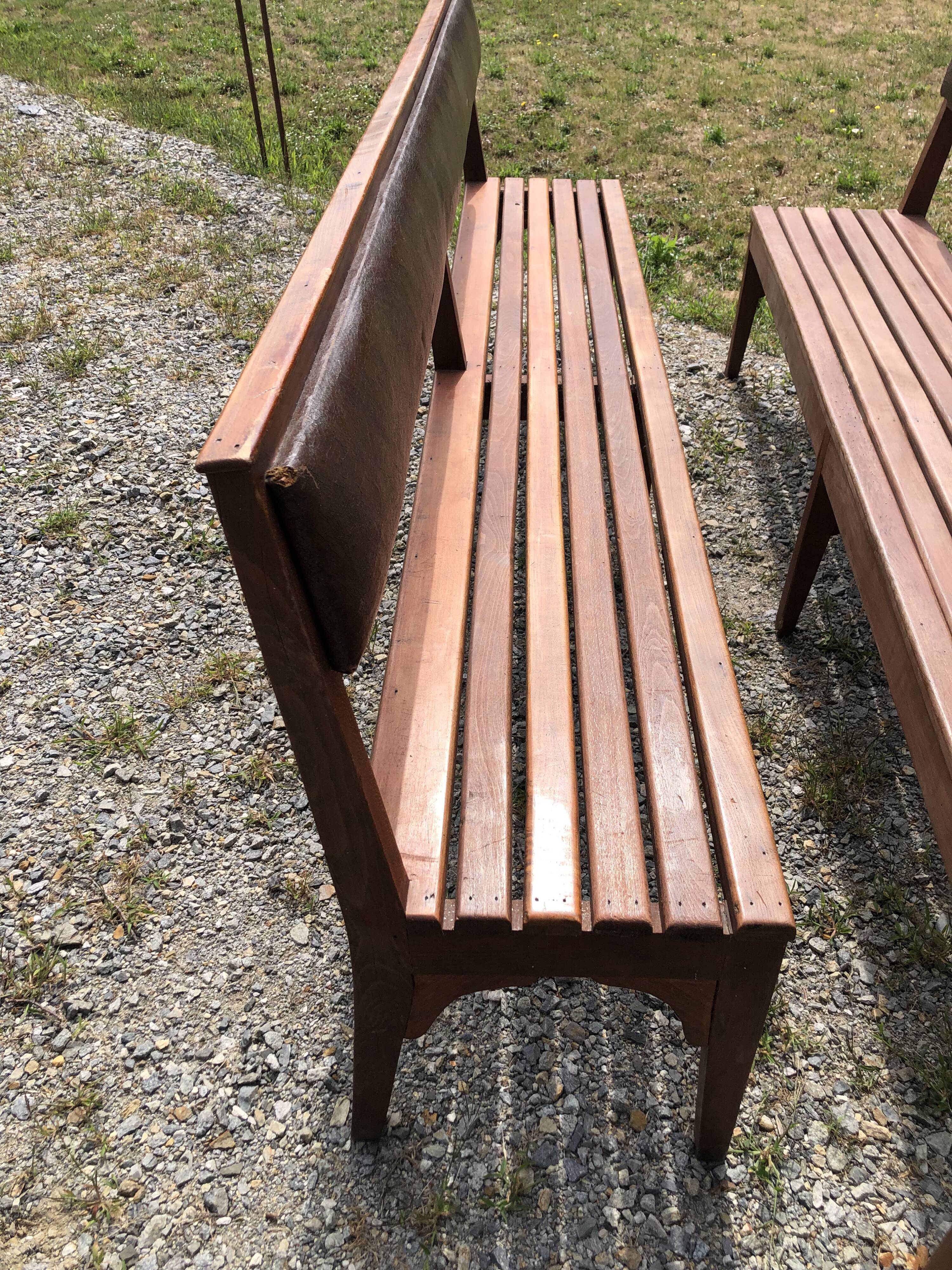 Duo of vintage church benches in solid beech