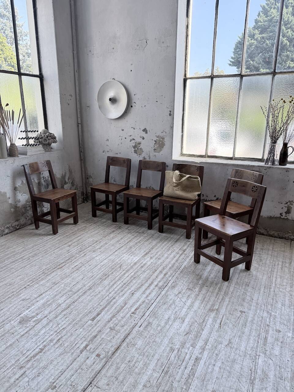 Set of 4 Savoyard pine folk art chairs from the 1950s.