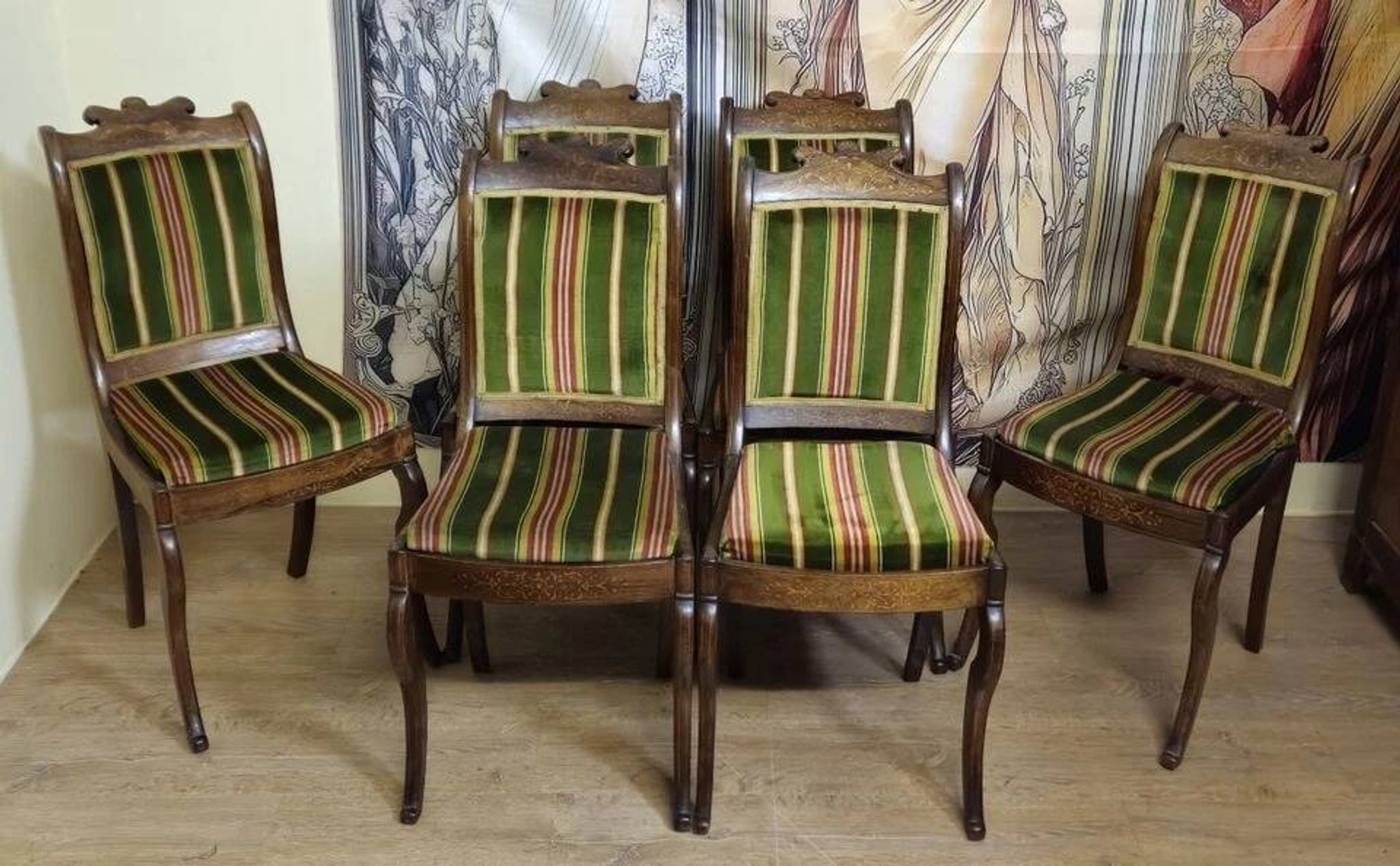 Set of six Charles X period chairs, finely marquetry in rosewood.