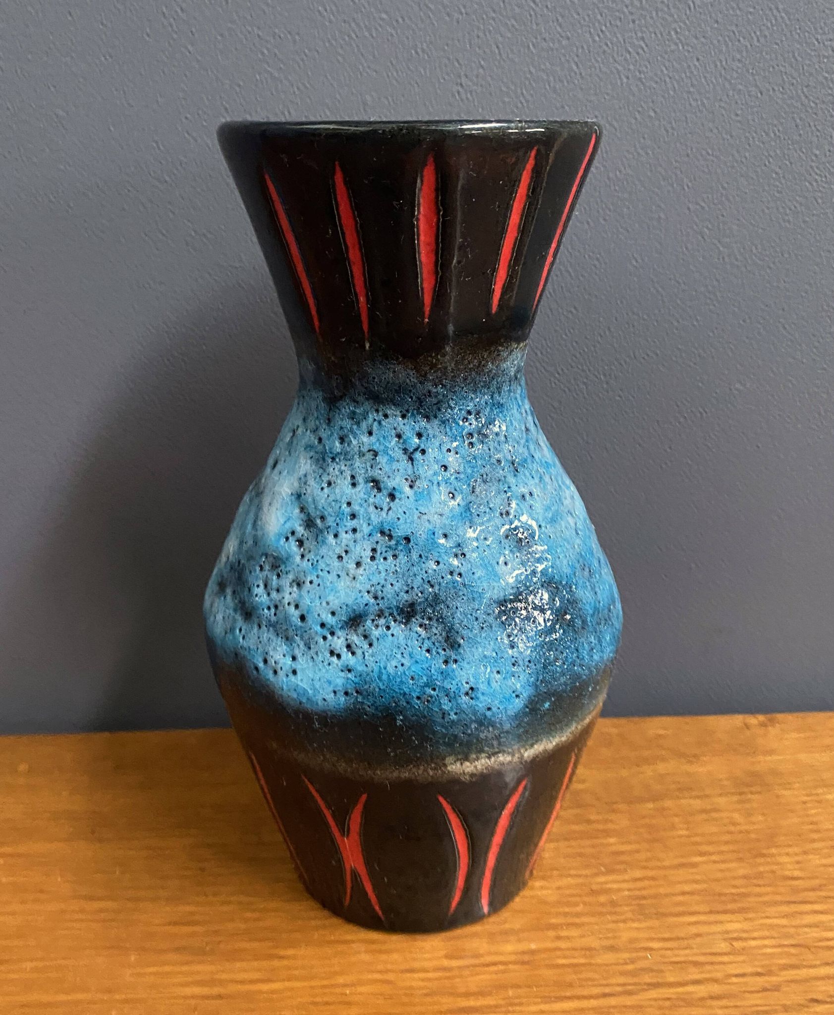 West Germany vase by Scheurich model 523-21 blue, black and red