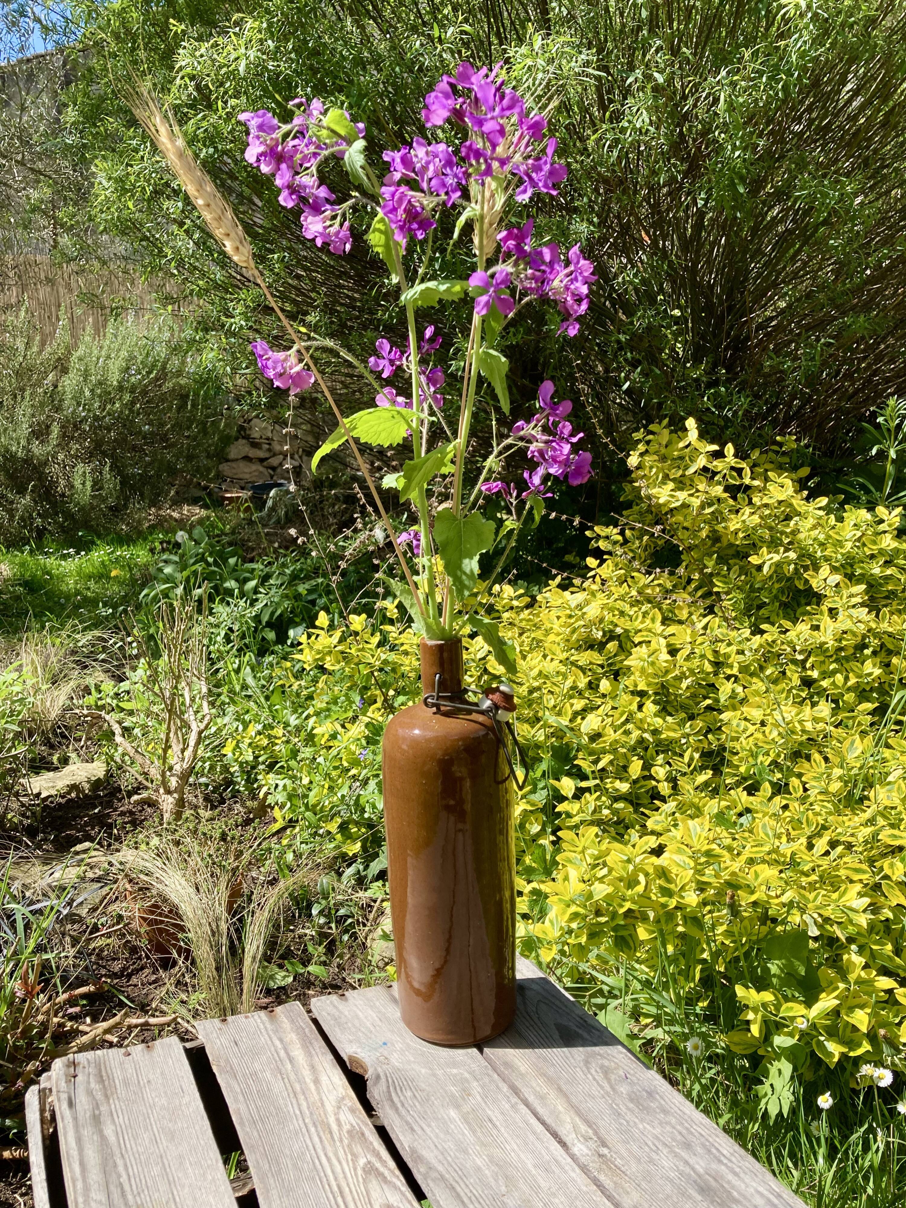 Bottle / hot water bottle in brown enamelled stoneware