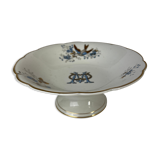 Plat sur pied avec un monogramme M et oiseau bleu et marron