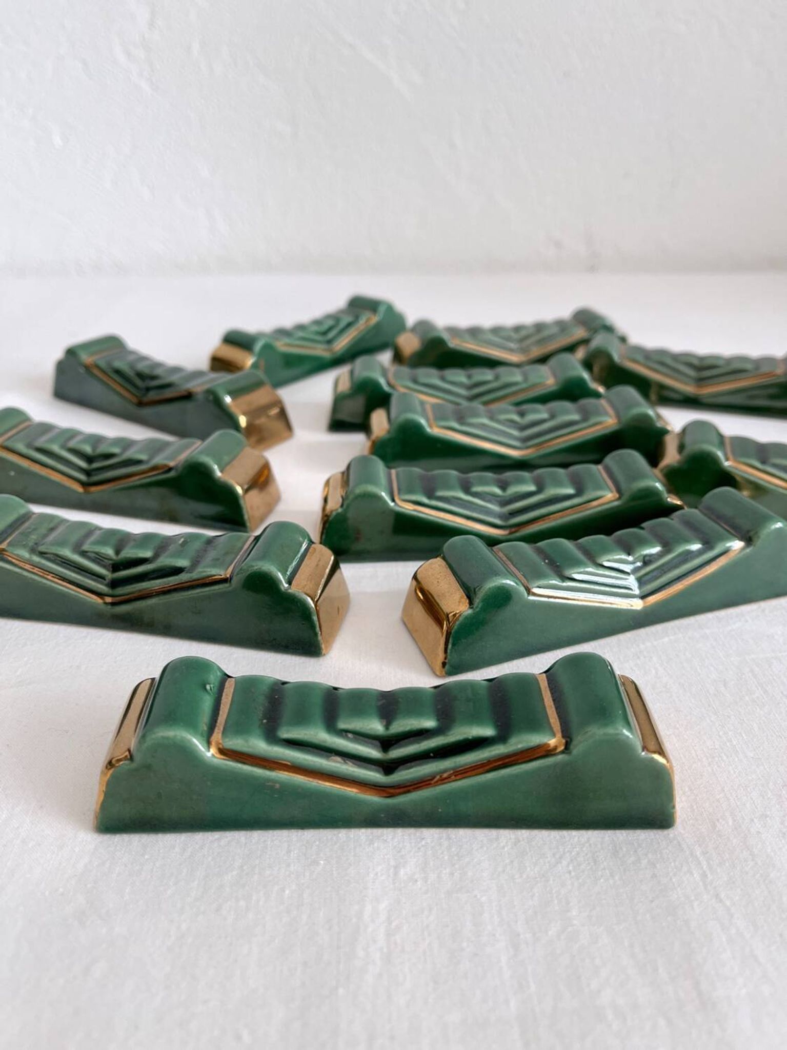 12 vintage green and gold ceramic knife holders from the 50s