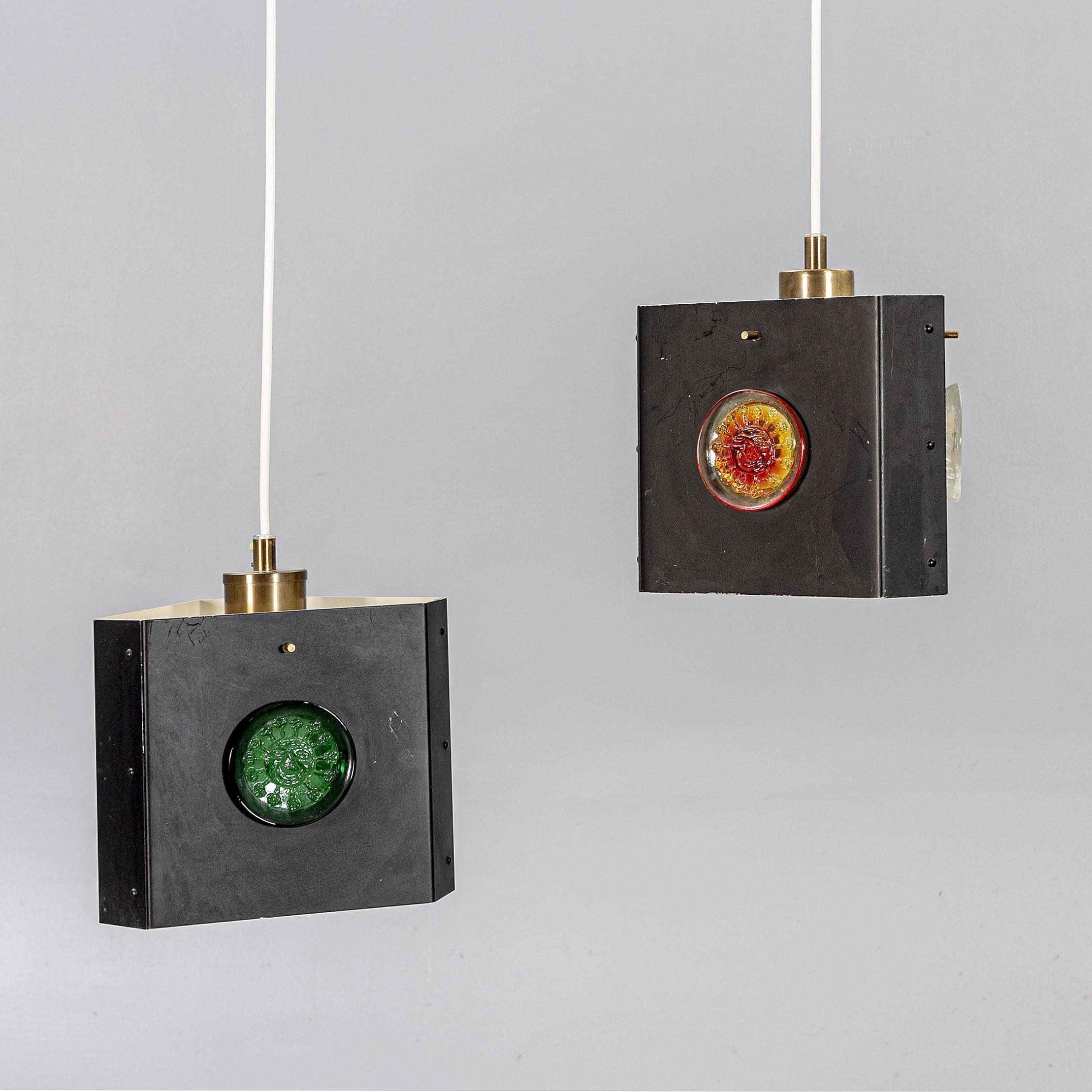 Pair of triangular pendant lamps by Hans Bergstrom, Sweden, 1950.