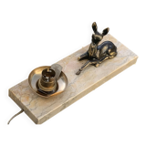 Table lamp, Biche, fawn in gilded brass on a beige marble base, art deco Velvet underside