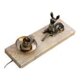 Table lamp, Biche, fawn in gilded brass on a beige marble base, art deco Velvet underside