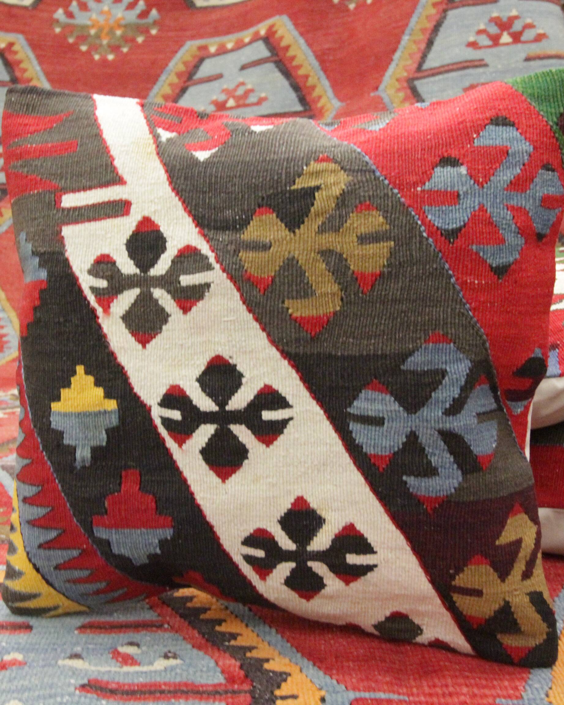 A Pair of Atique Turkish Flatweabe Kilim Cushion Cover, Geometric Pillow