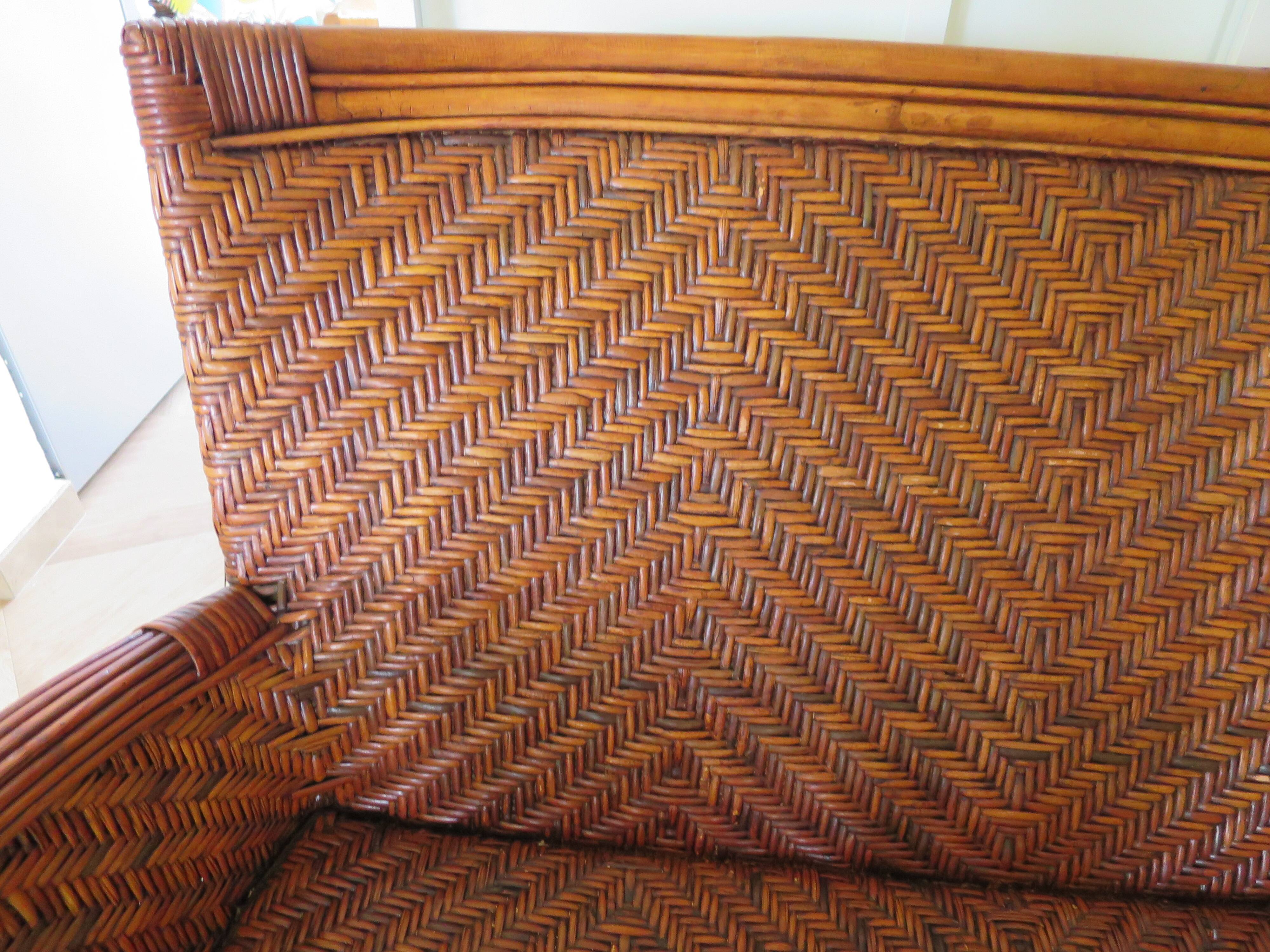 Two-seater banquette in woven rattan, wood and bamboo, 1980s.