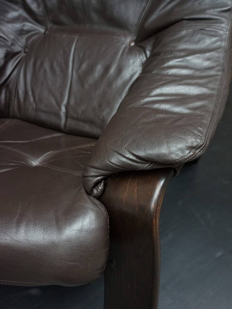 Brutalist brown Leather low Lounge Chair, Norway 1970s