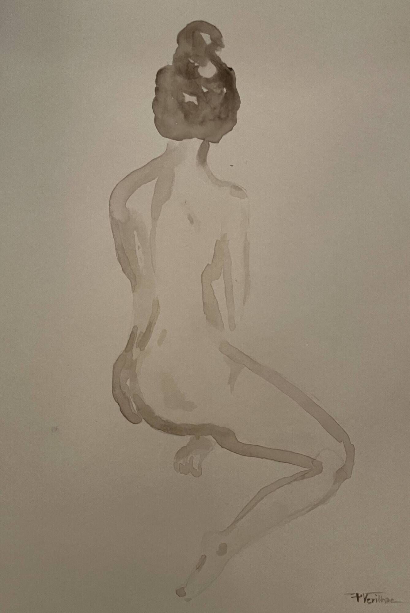 Signed painting monochrome watercolor sepia female portrait "the wait"
