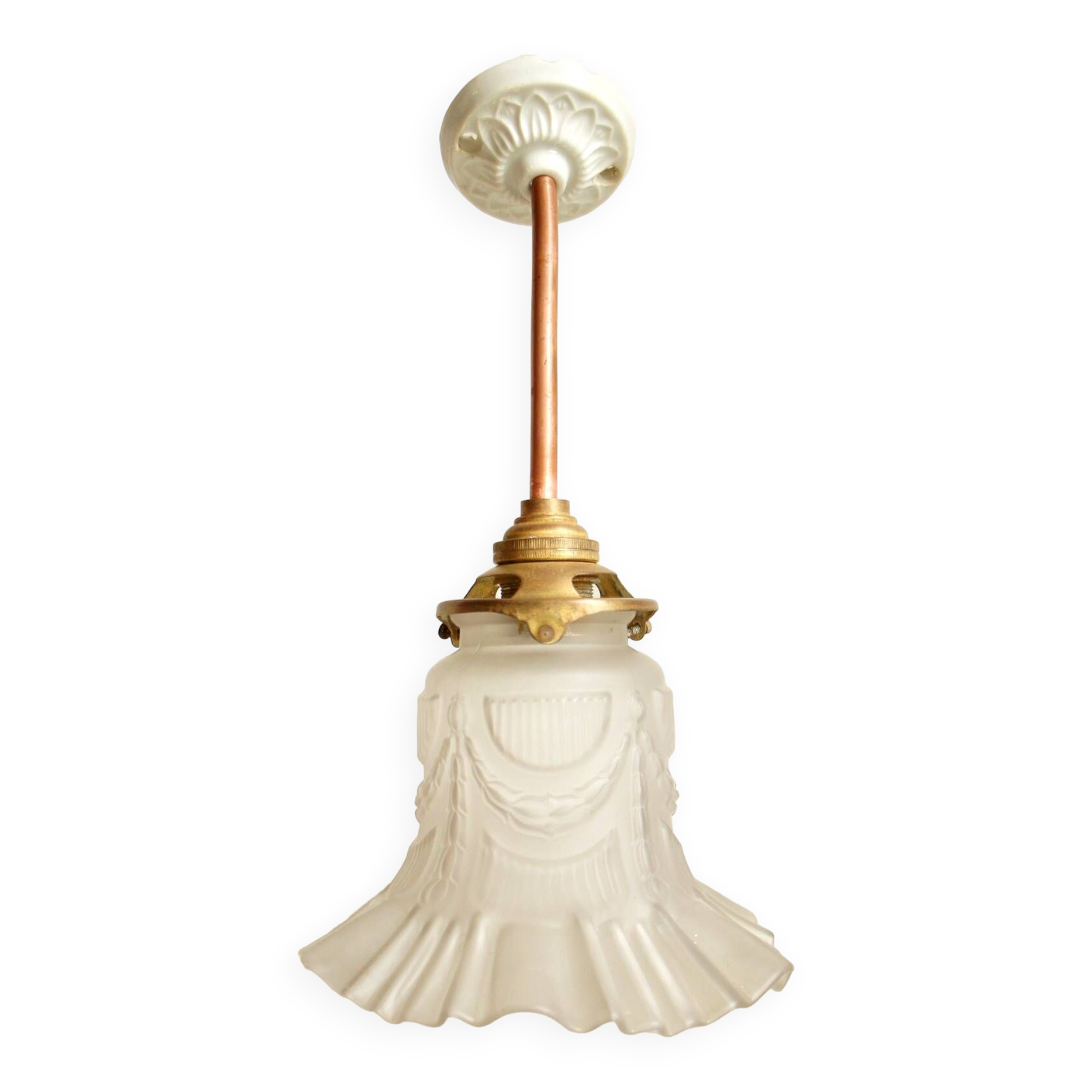 Glass tulip pendant light & porcelain rosette 1920