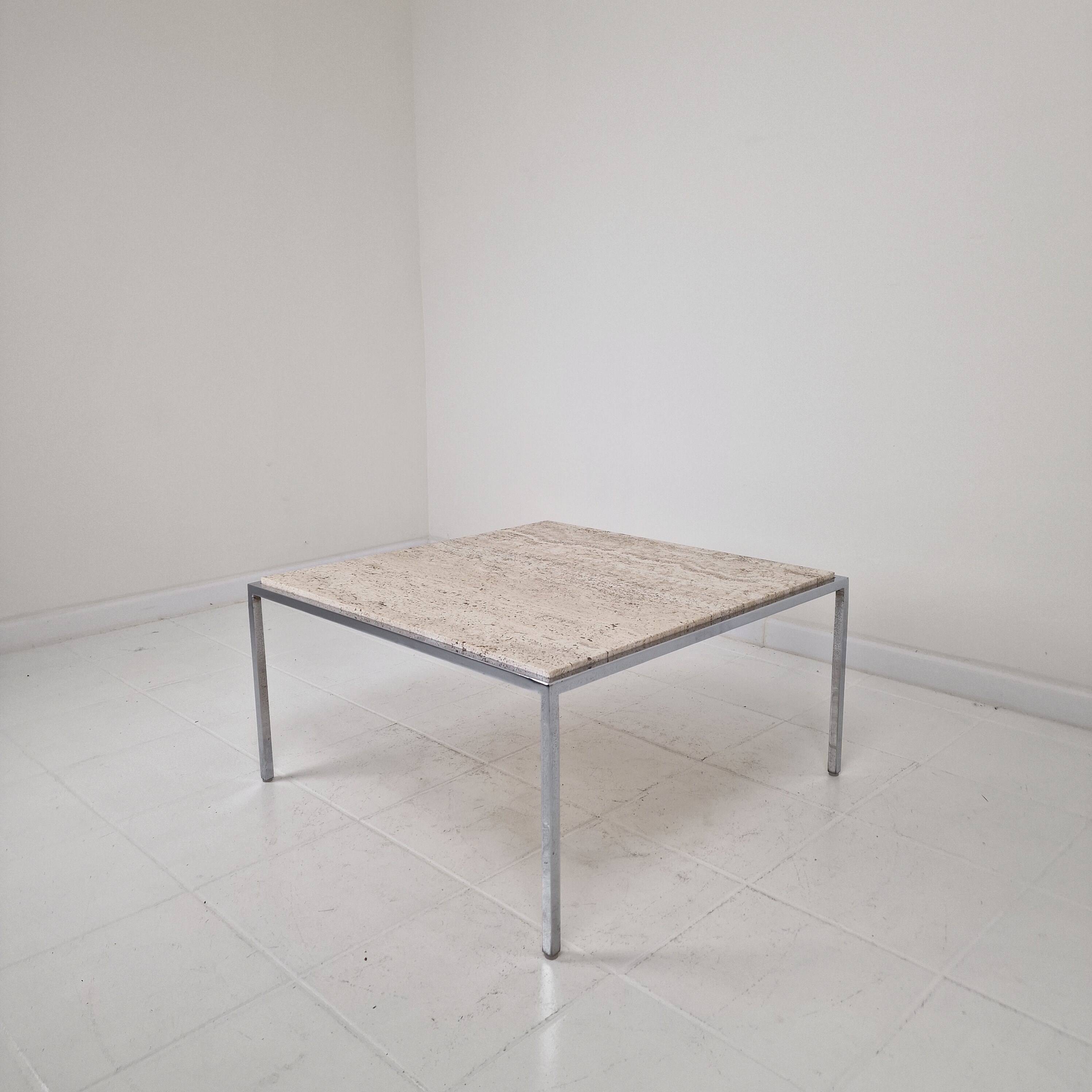 Italian Square Travertine Coffee Table with Steel Base, 1980's