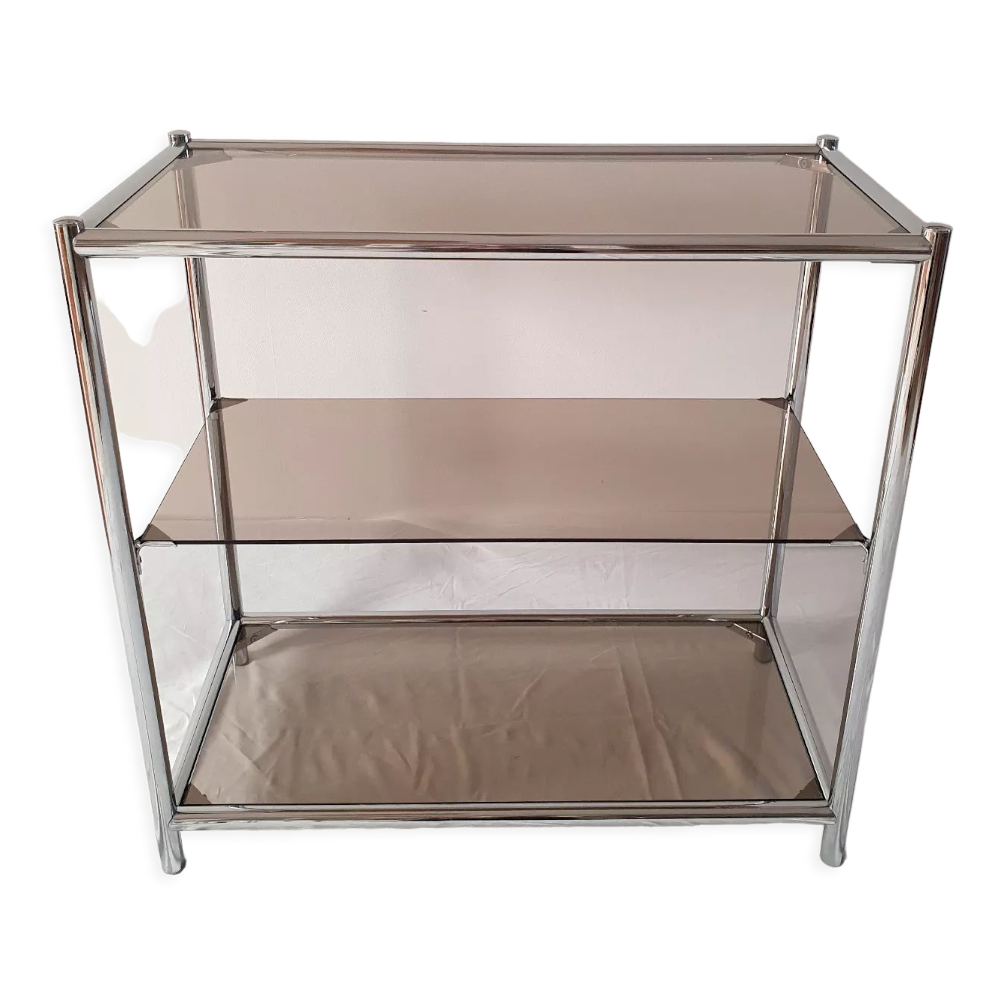 Console design 3 étagères chrome et verre fumé