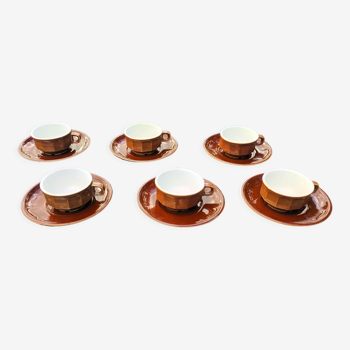 Set of 6 cups coffee bistro old porcelain Pillivuyt brown 9 cl