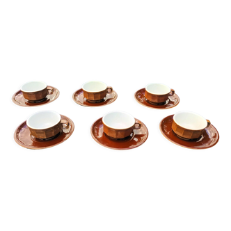 Set of 6 cups coffee bistro old porcelain Pillivuyt brown 9 cl