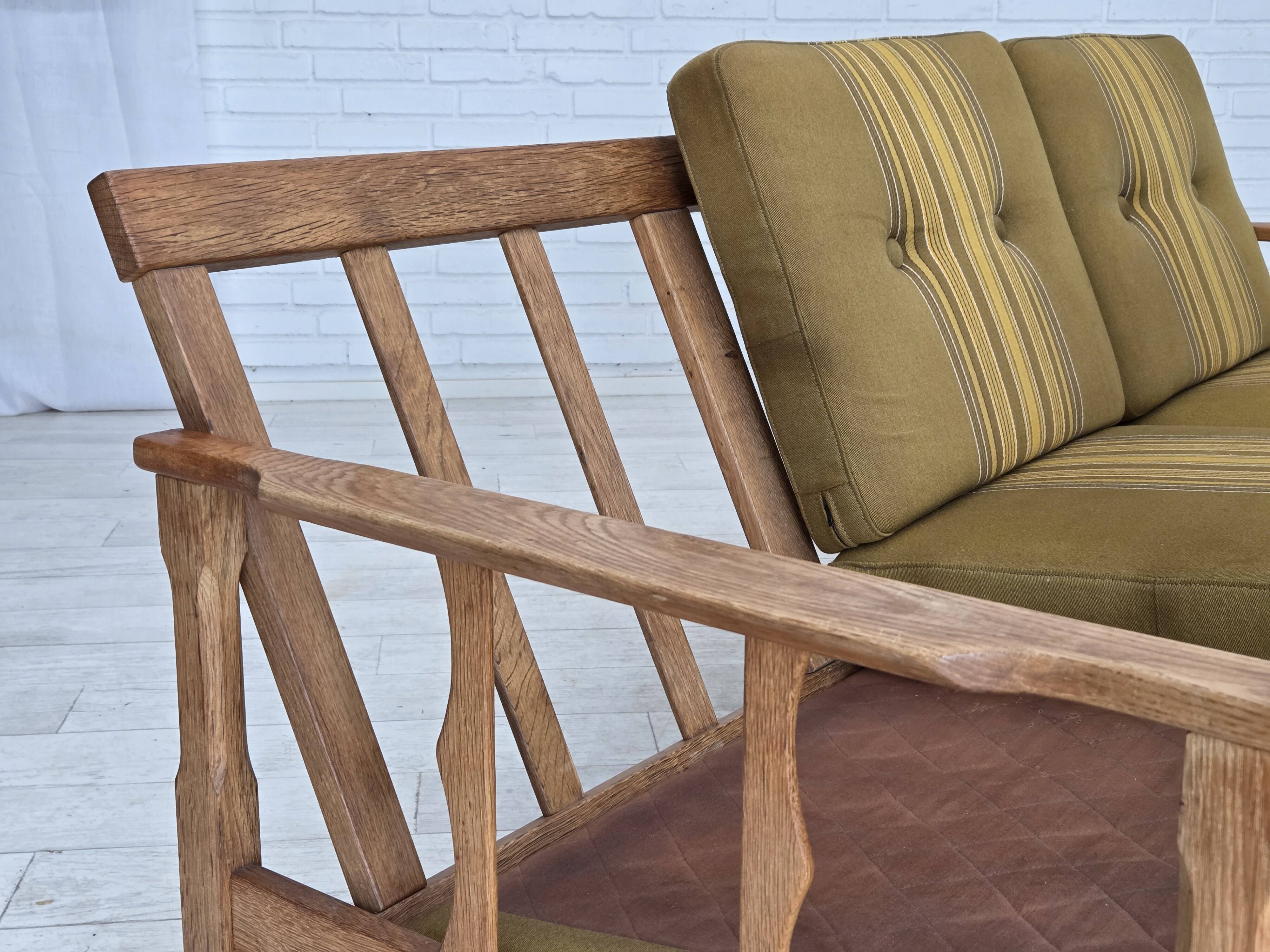 1970s, Danish 3-seater sofa, furniture wool, solid oak wood.