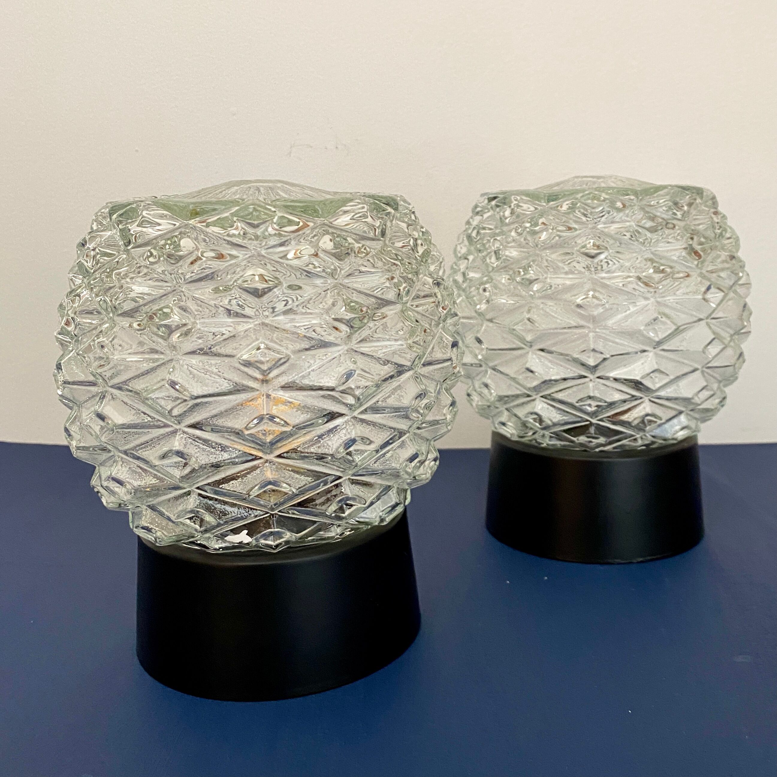Pair of vintage wall lamps in molded glass and thermoplastic